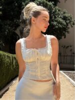 女式杏色紋理花卉拼布褶皺荷葉邊方領無袖夏季連衣裙｜休閒優雅假日百搭款：圖片 4